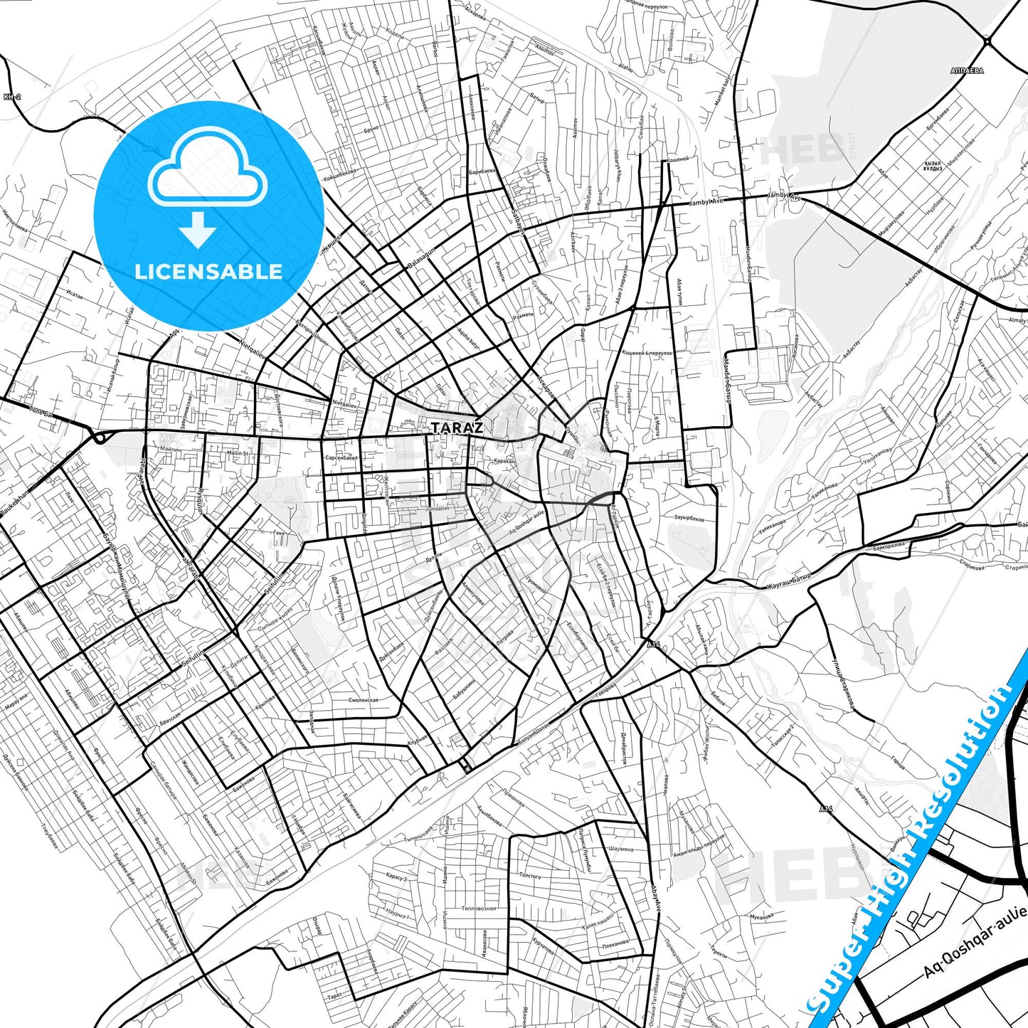 Taraz, Kazakhstan Light Map with Street Names, City Names, and Districts
