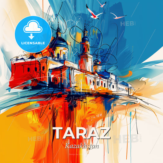 Vibrant Taraz, Kazakhstan - A Painting Of A Building With Birds Flying In The Sky - Square format print template