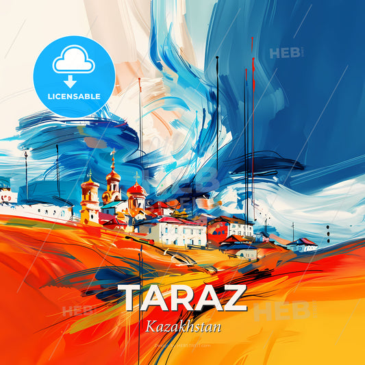 Vibrant Taraz, Kazakhstan - A Painting Of A Town On A Hill - Square format print template
