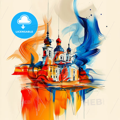 Vibrant Taraz, Kazakhstan - A Painting Of A Building With A Colorful Background