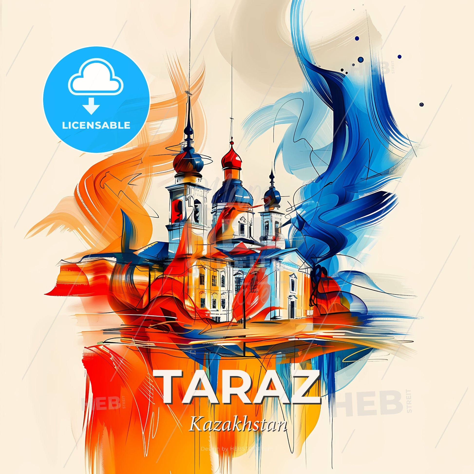 Vibrant Taraz, Kazakhstan - A Painting Of A Building With A Colorful Background - Square format print template
