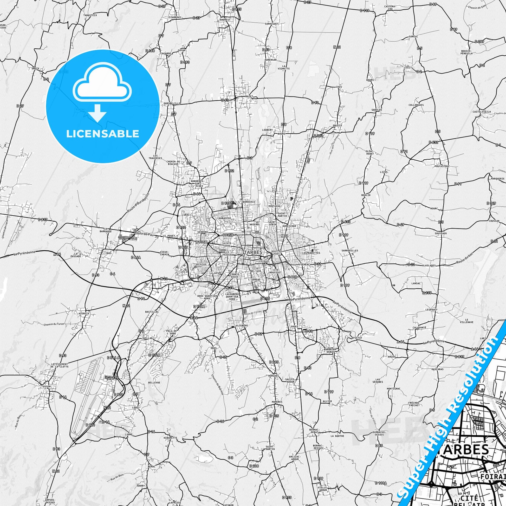 Tarbes, France light map with streetnames, citynames and districts