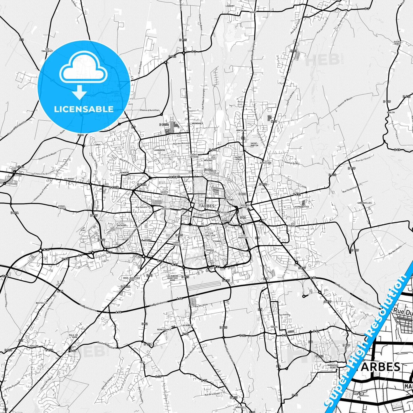 Tarbes, France Light Map with Street Names, City Names, and Districts