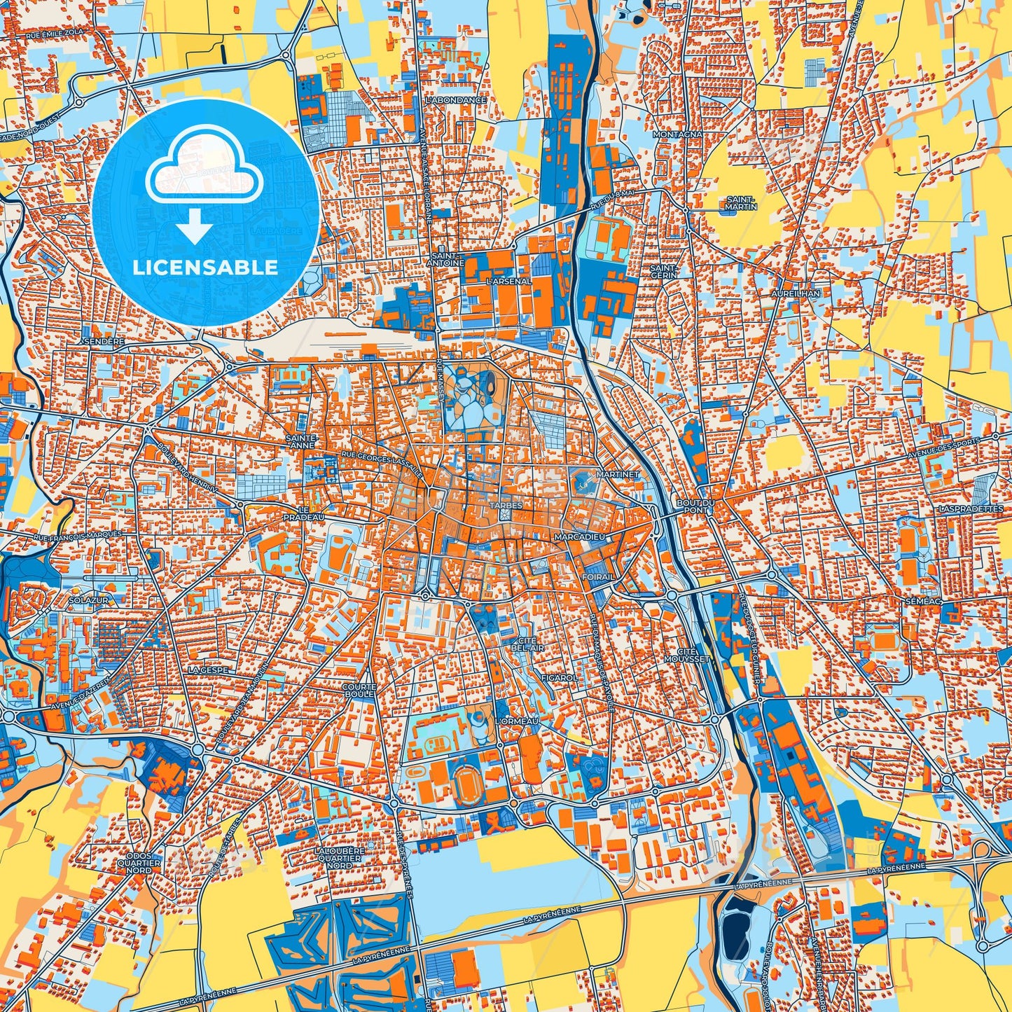 Colorful Tarbes Street Map with Labels and Buildings