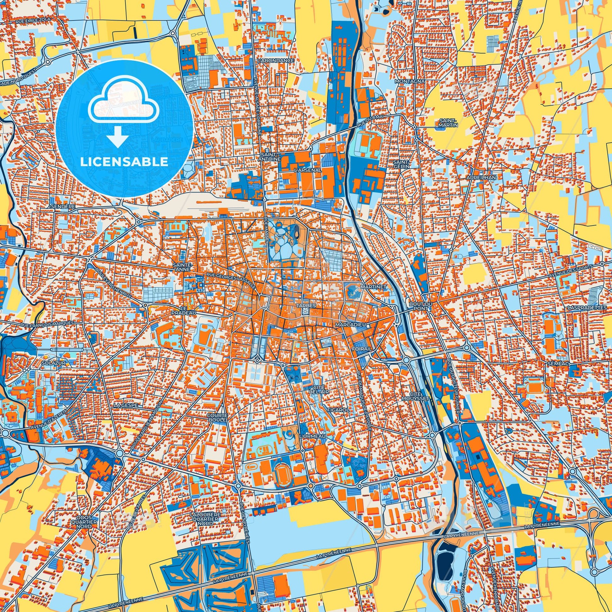 Colorful Tarbes Street Map with Labels and Buildings
