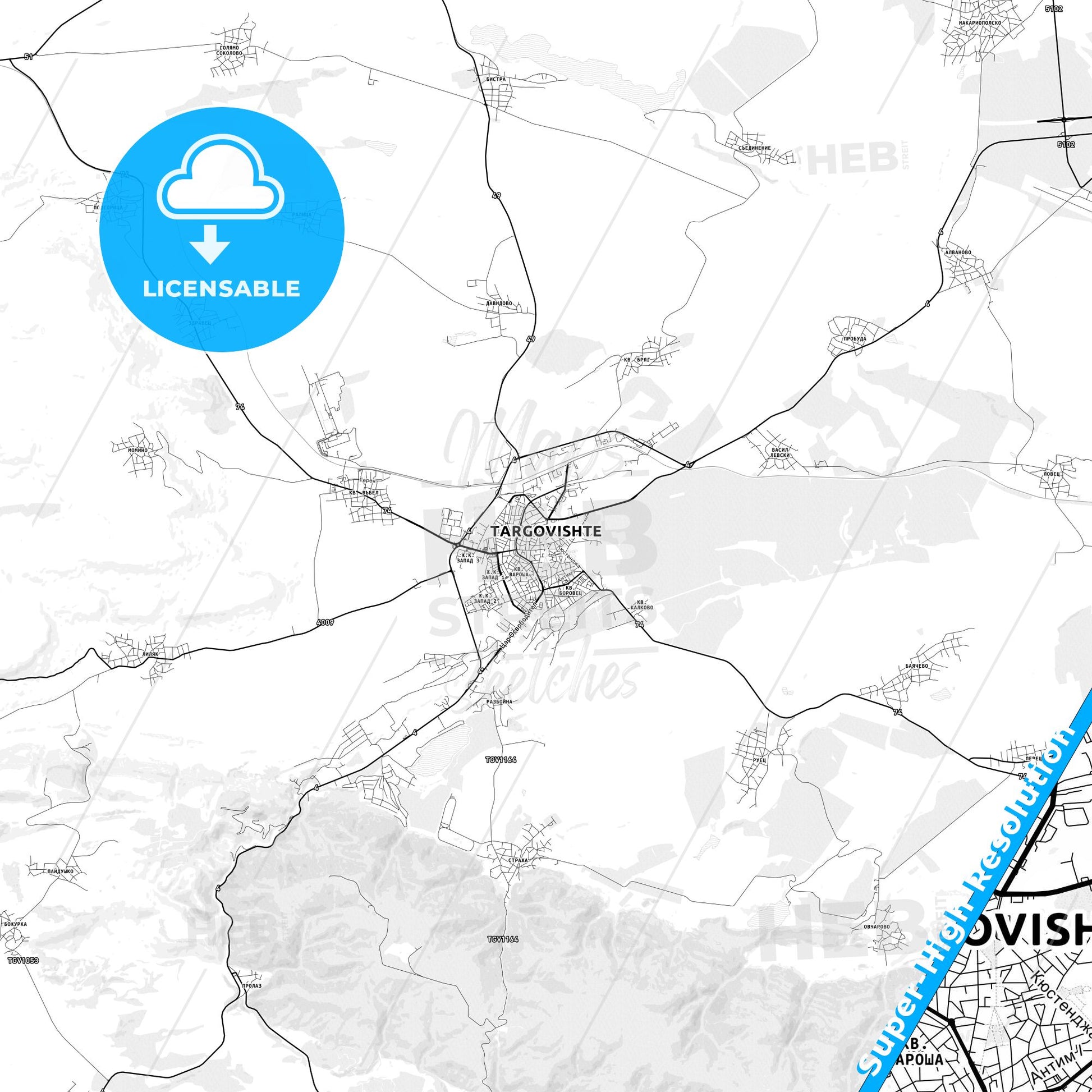 Targovishte, Bulgaria light map with streetnames, citynames and districts