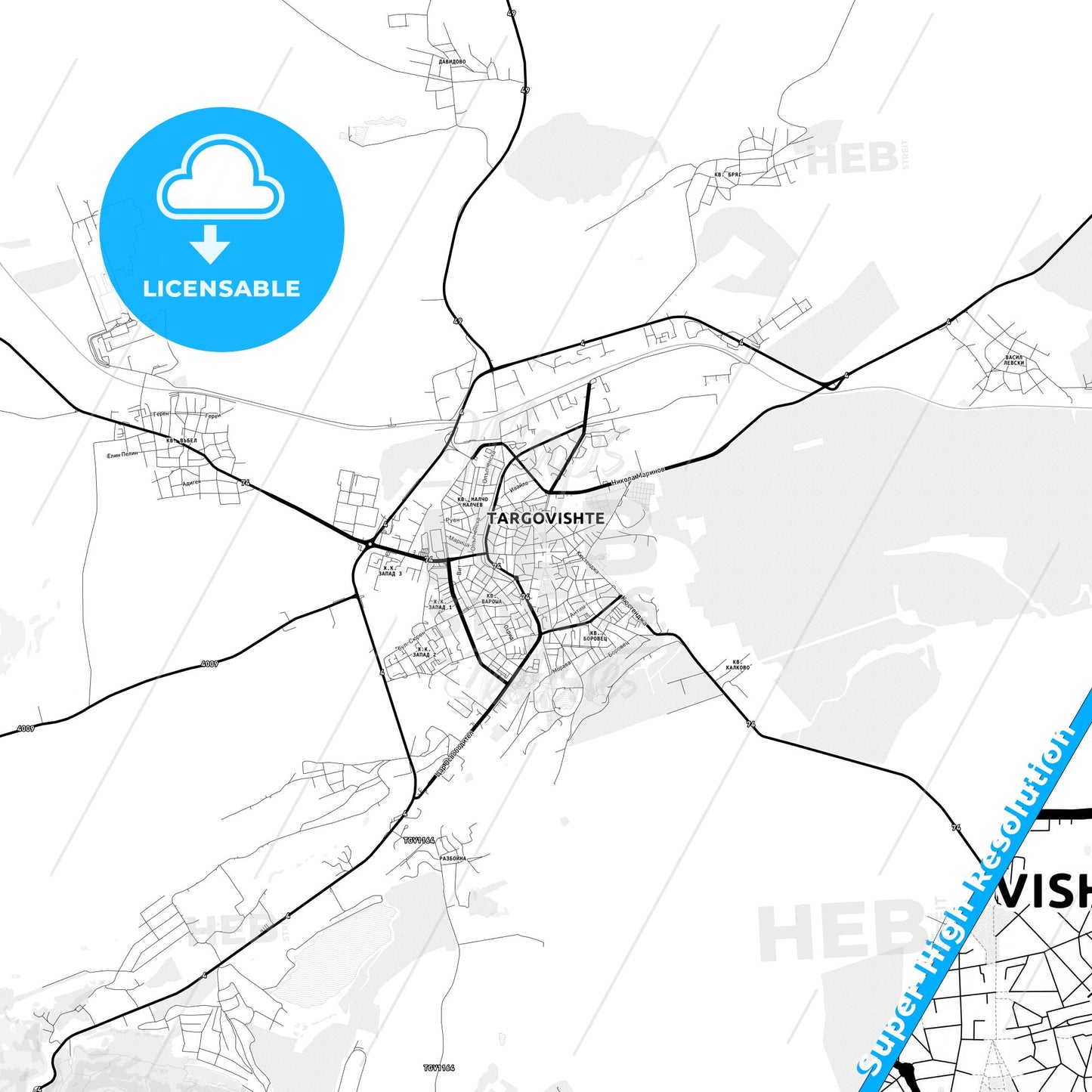 Targovishte, Bulgaria Light Map with Street Names, City Names, and Districts