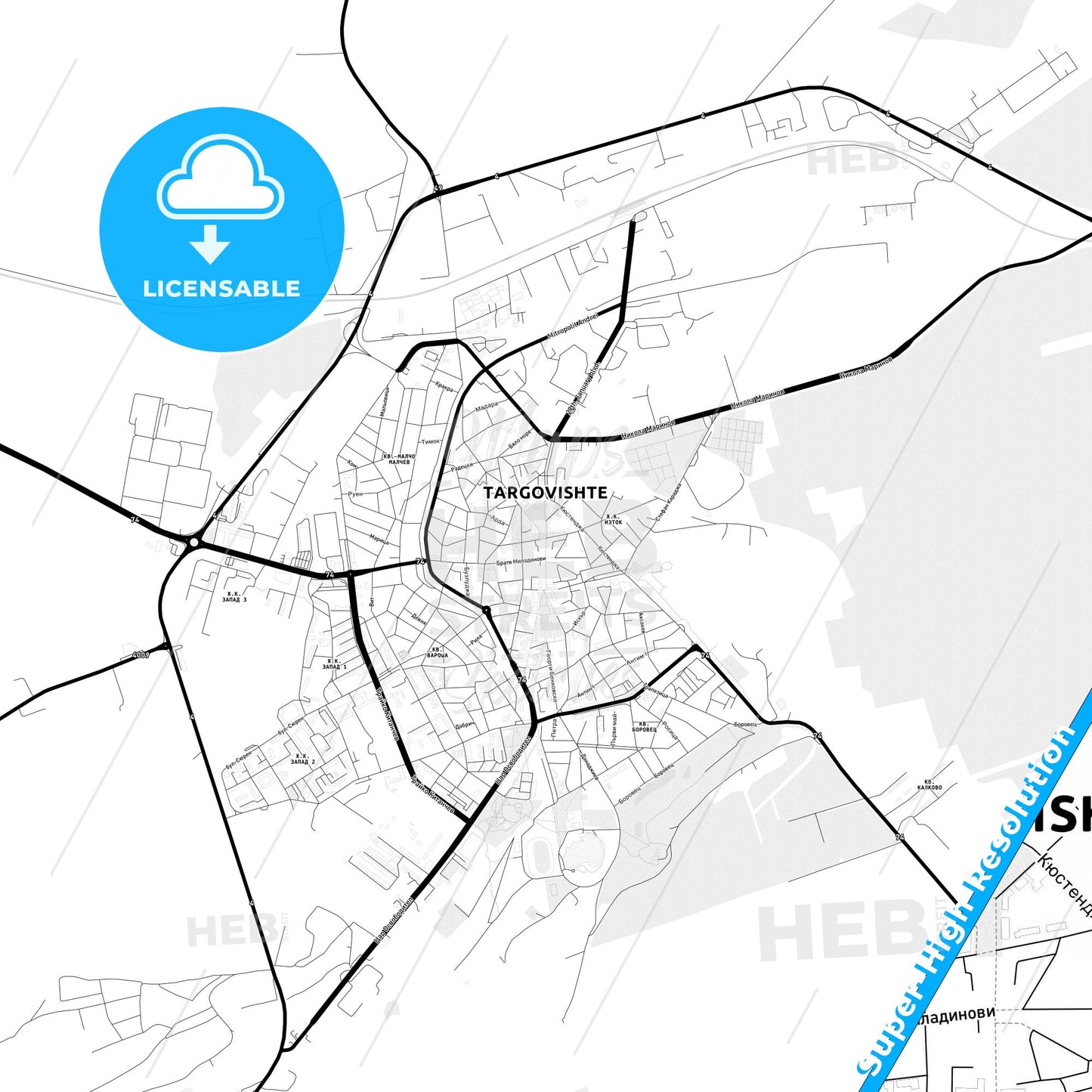 Targovishte, Bulgaria Light Map with Street Names, City Names, and Districts