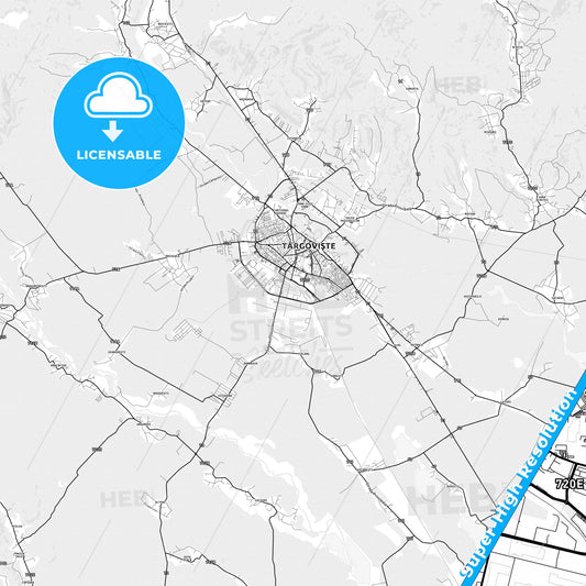 Târgoviște, Romania light map with streetnames, citynames and districts