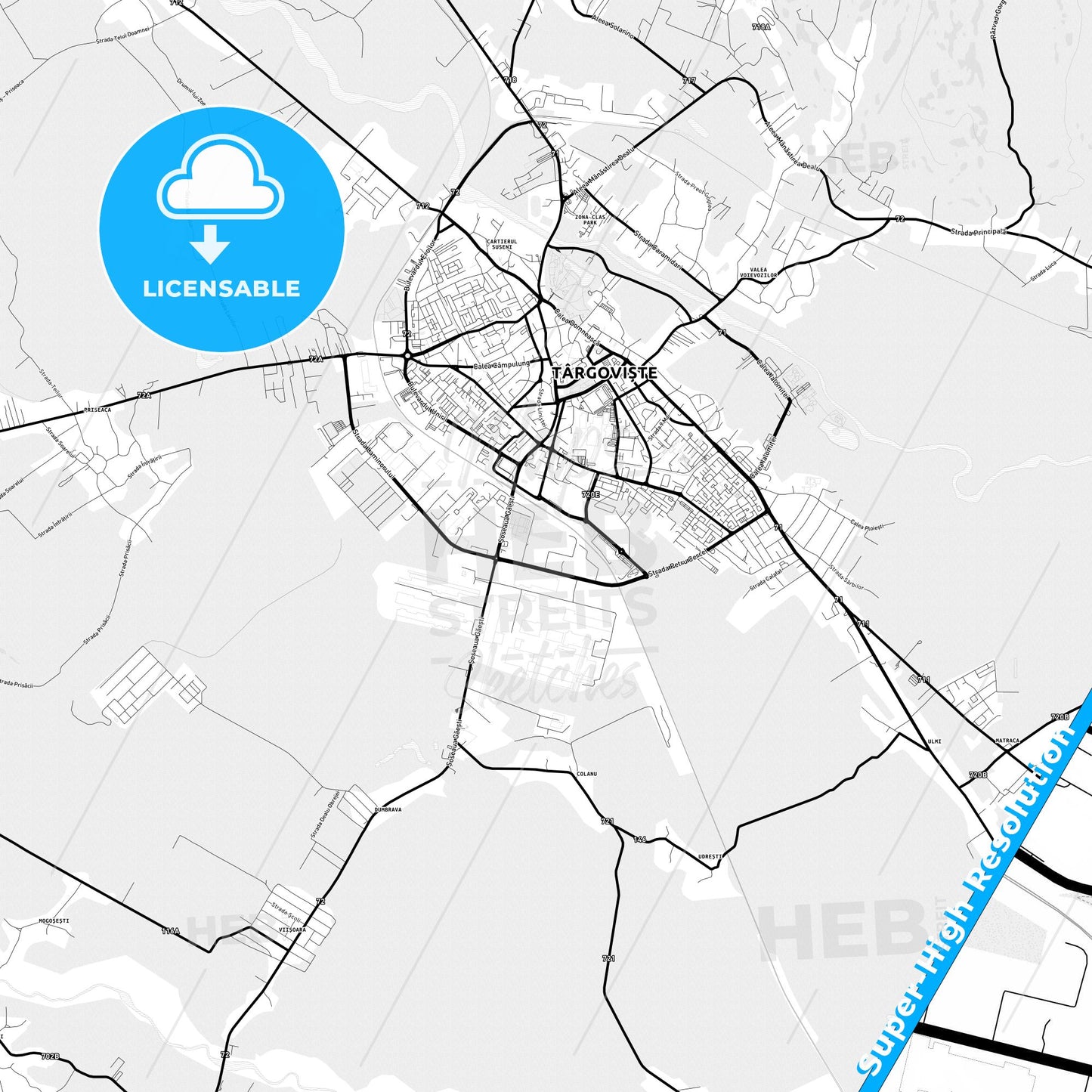 Târgoviște, Romania Light Map with Street Names, City Names, and Districts