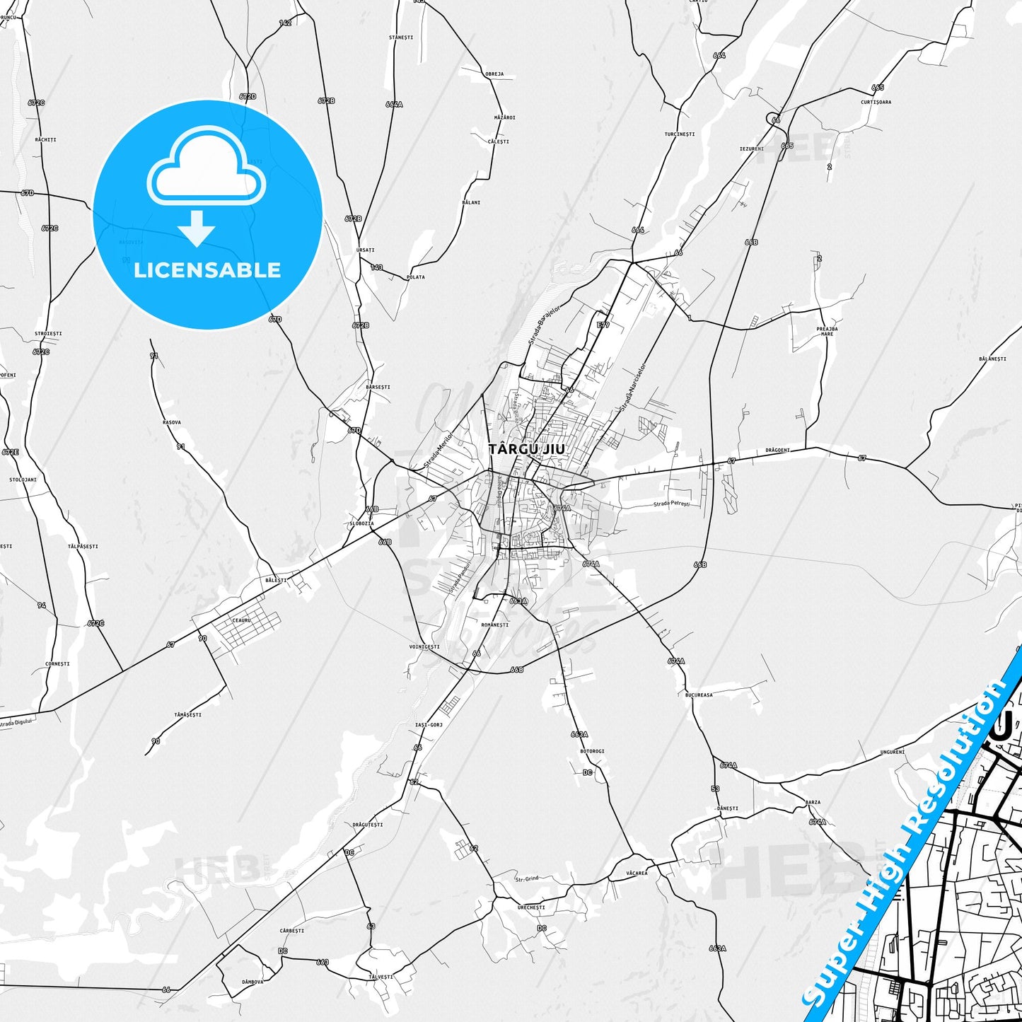Târgu Jiu, Romania light map with streetnames, citynames and districts