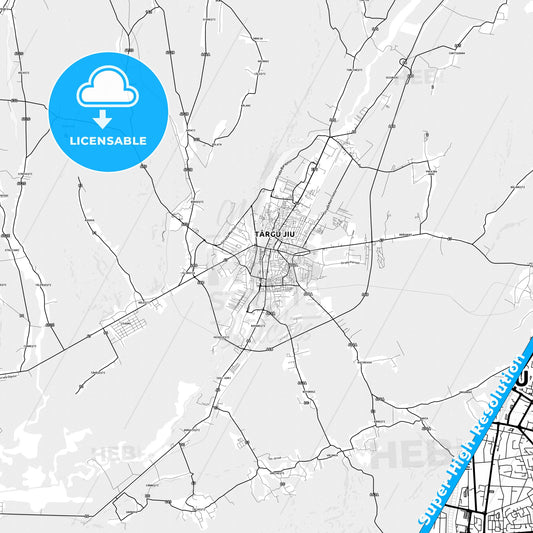 Târgu Jiu, Romania light map with streetnames, citynames and districts