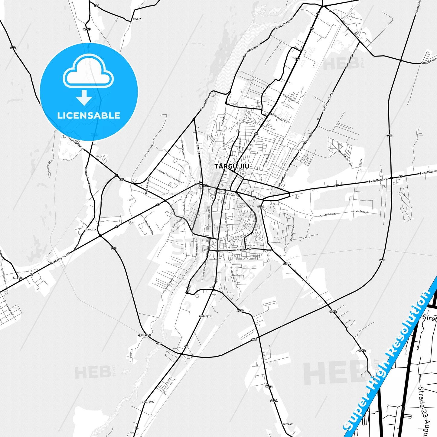 Târgu Jiu, Romania Light Map with Street Names, City Names, and Districts
