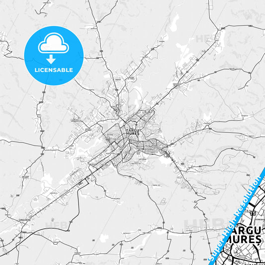 Târgu Mureș, Romania light map with streetnames, citynames and districts