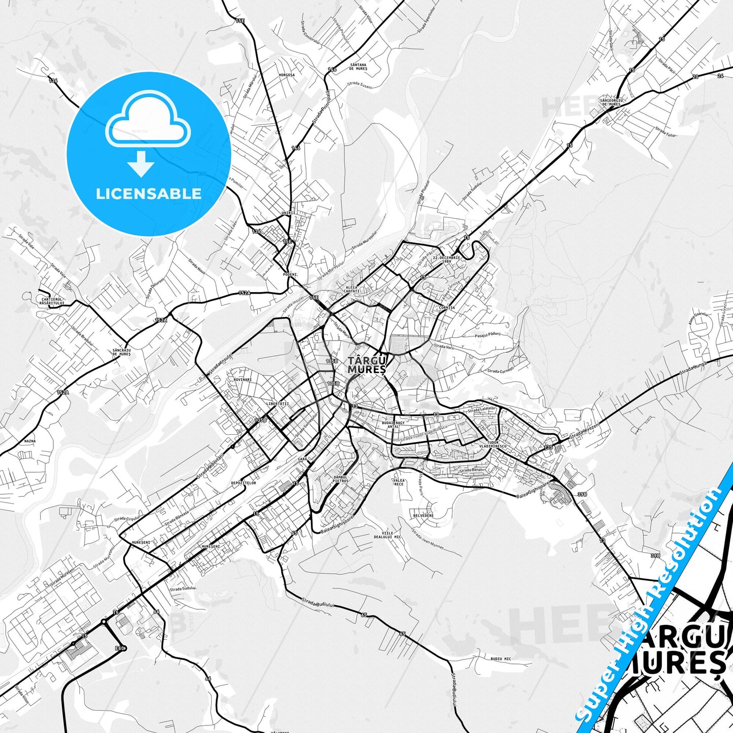 Târgu Mureș, Romania Light Map with Street Names, City Names, and Districts