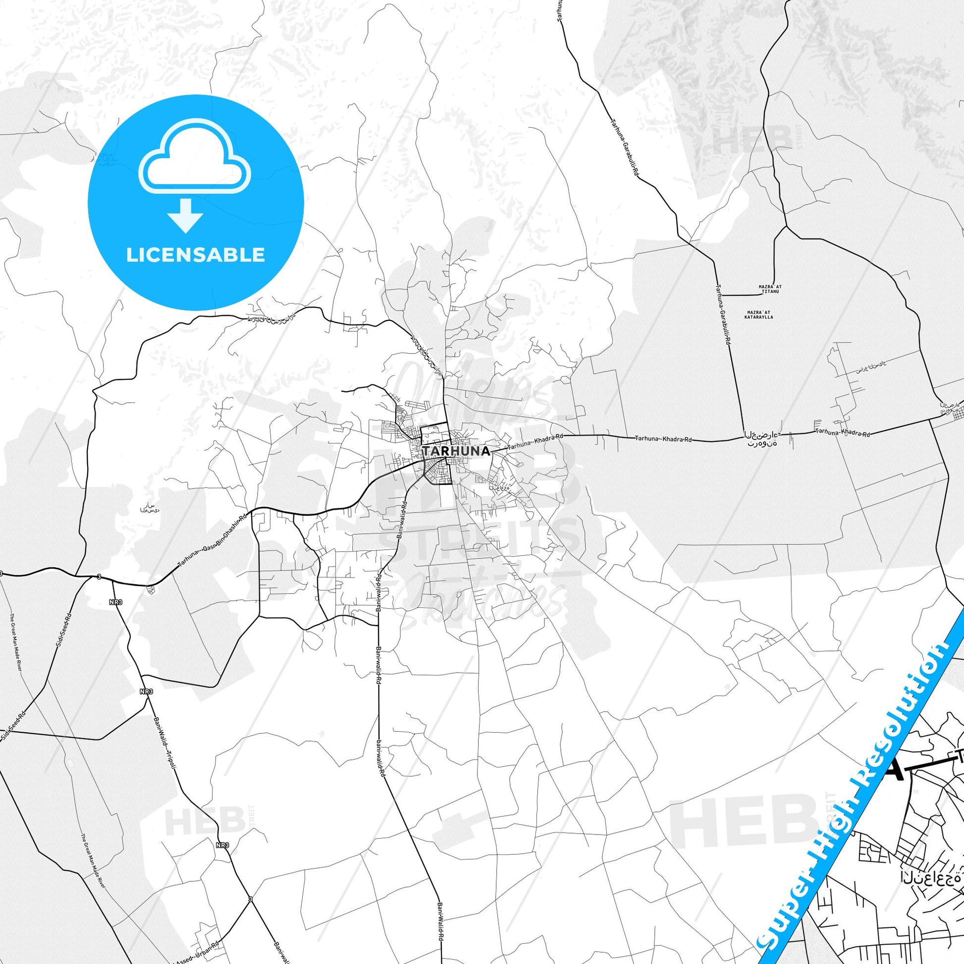 Tarhuna, Libya light map with streetnames, citynames and districts