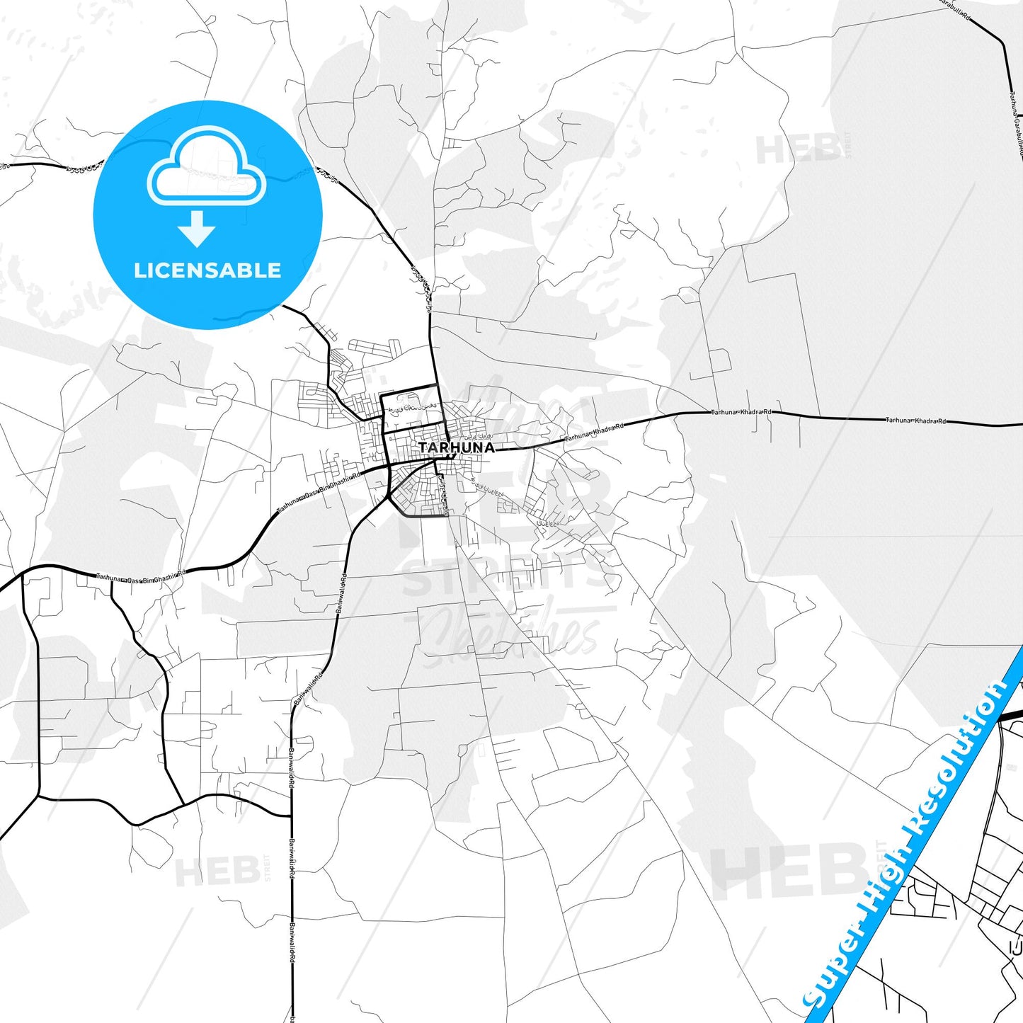 Tarhuna, Libya Light Map with Street Names, City Names, and Districts
