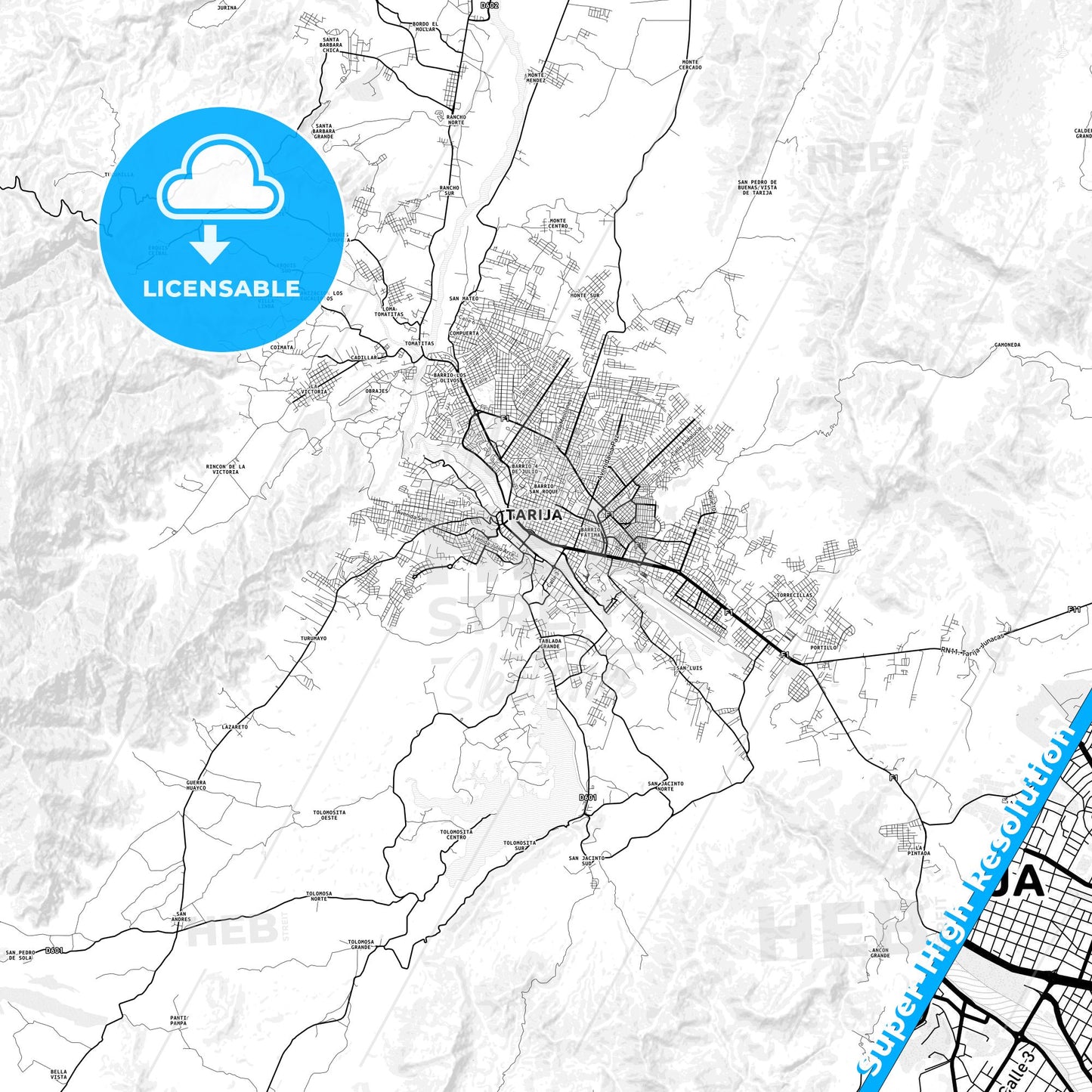 Tarija, Bolivia light map with streetnames, citynames and districts