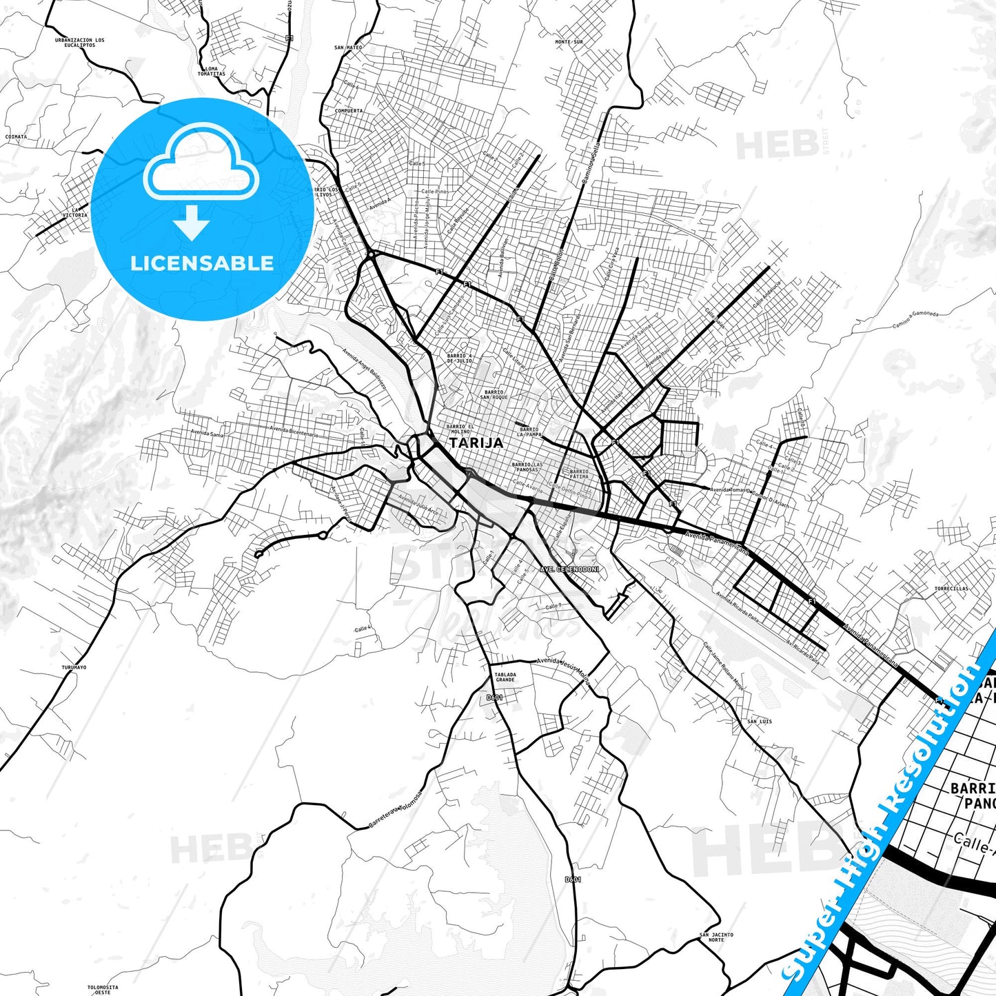 Tarija, Bolivia Light Map with Street Names, City Names, and Districts