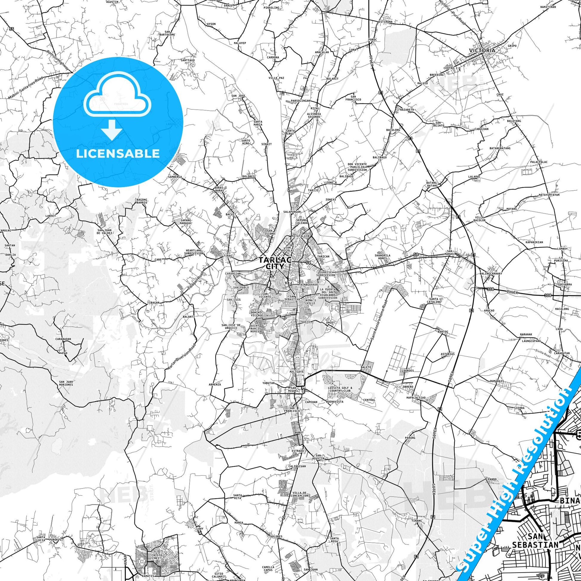 Tarlac City, Philippines light map with streetnames, citynames and districts