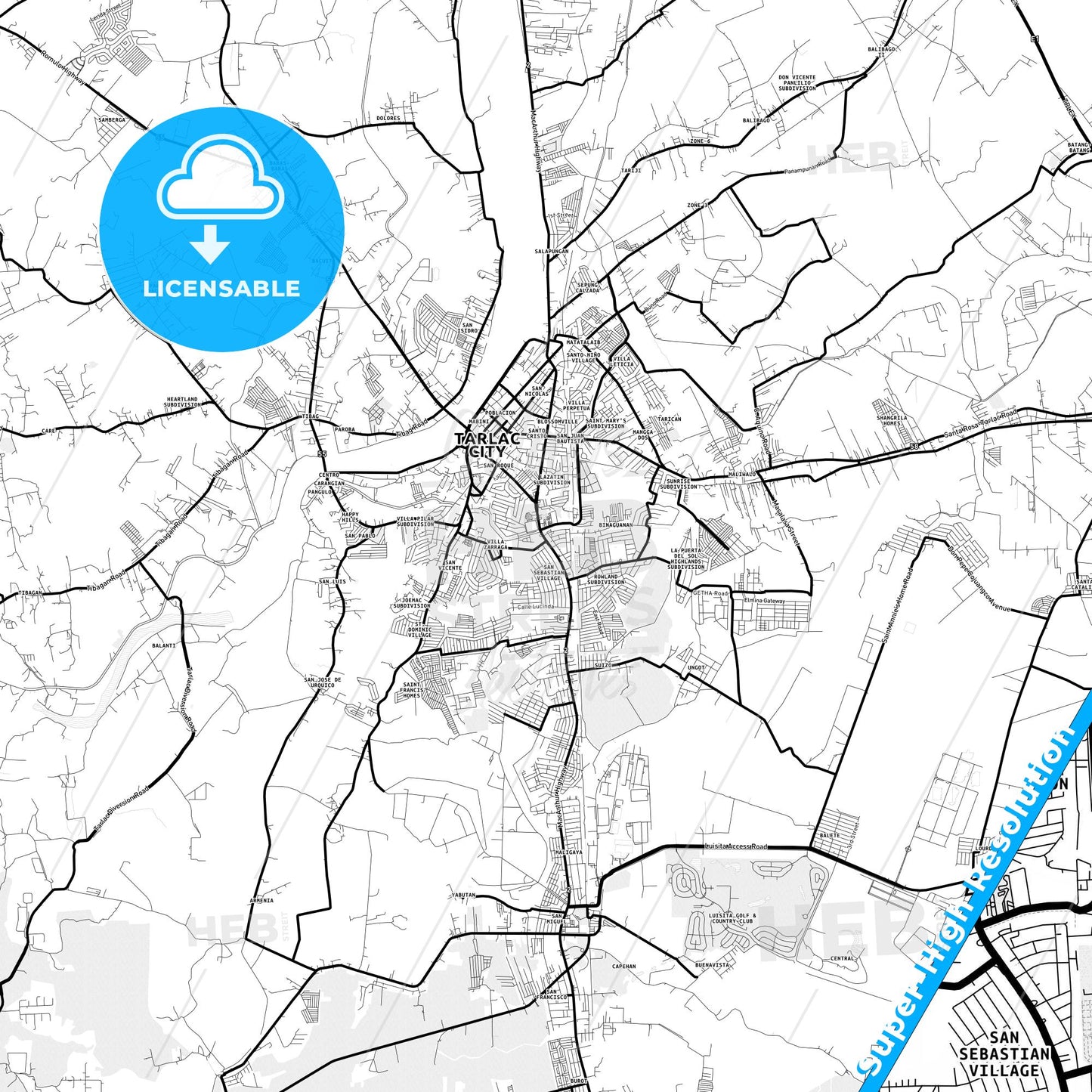 Tarlac City, Philippines Light Map with Street Names, City Names, and Districts