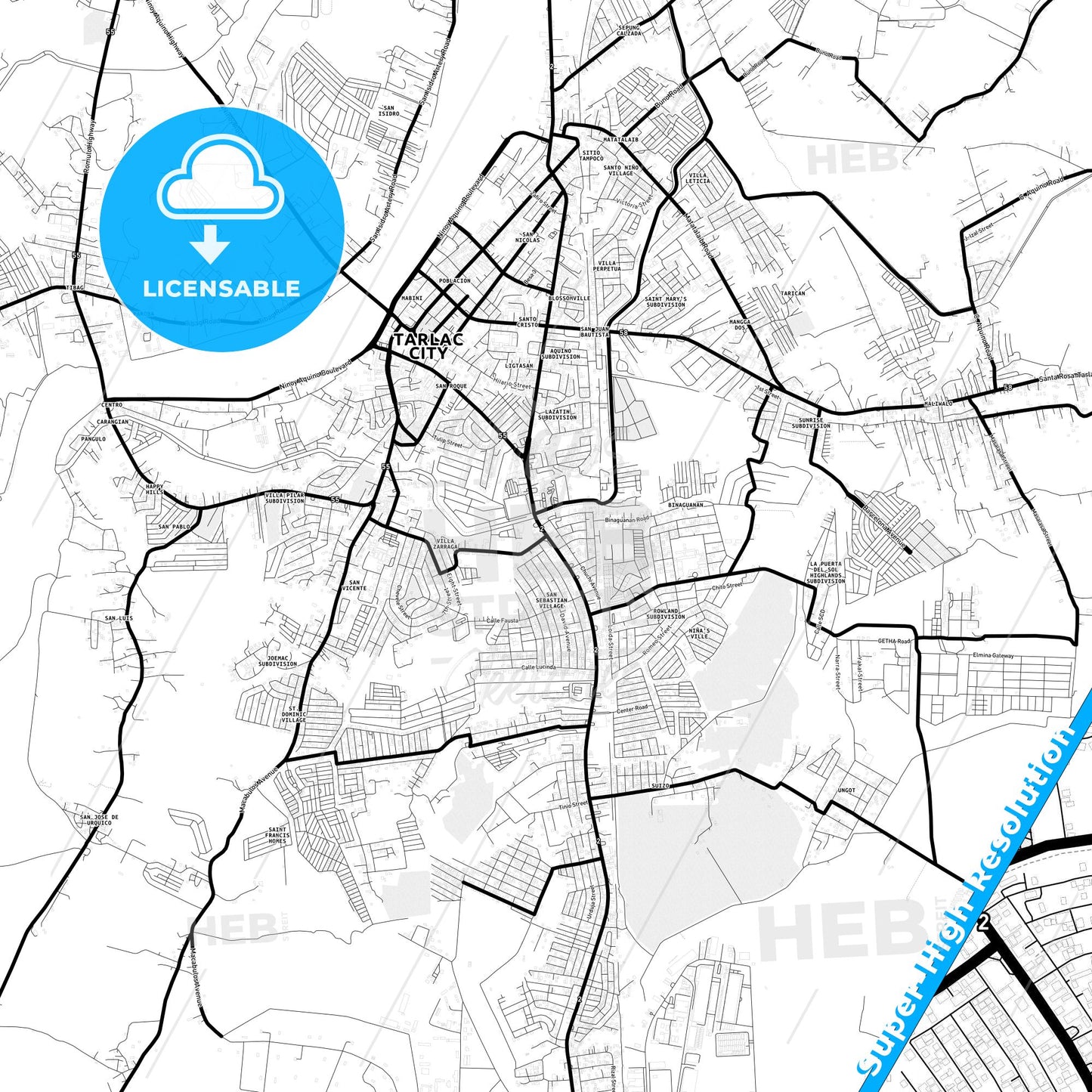 Tarlac City, Philippines Light Map with Street Names, City Names, and Districts