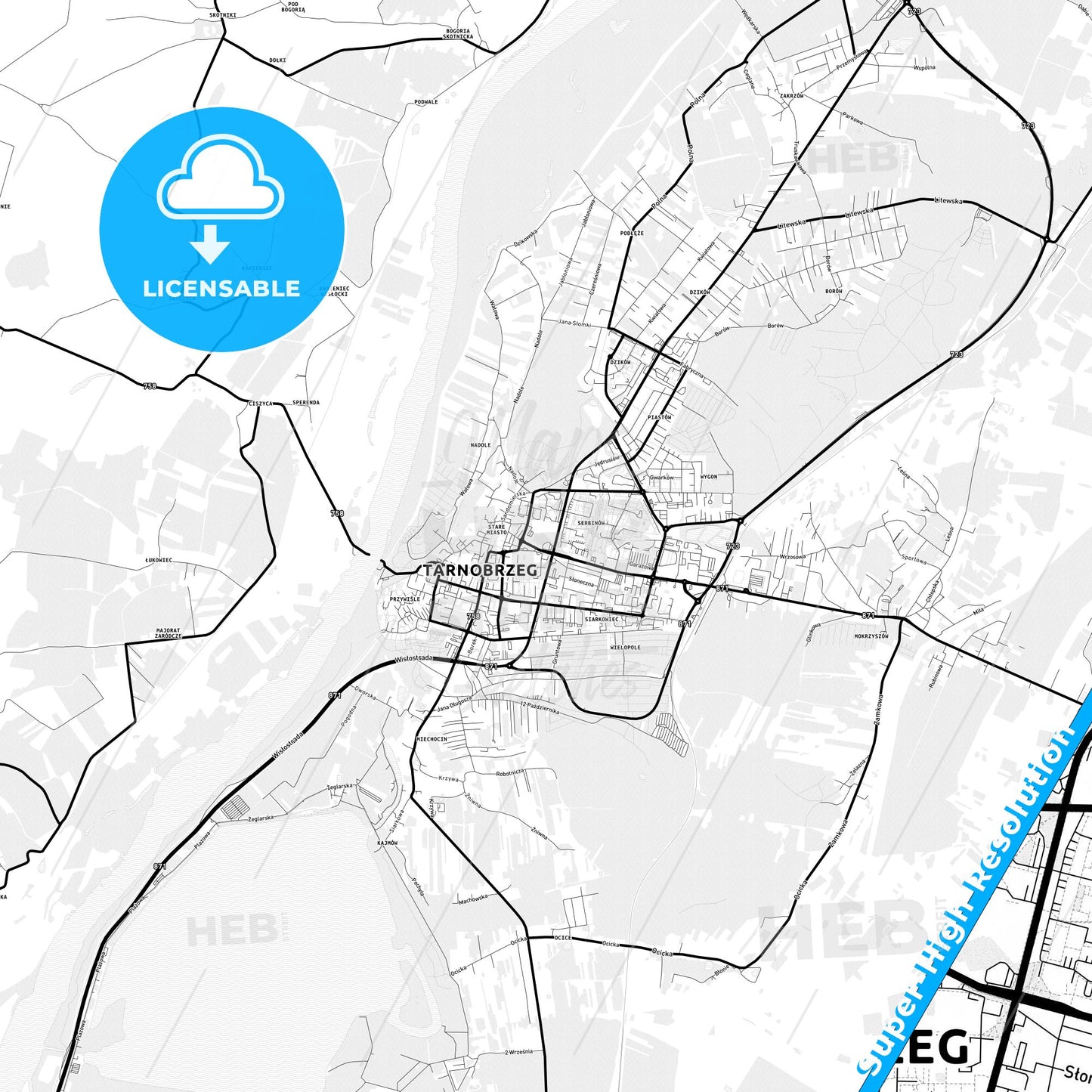 Tarnobrzeg, Poland Light Map with Street Names, City Names, and Districts