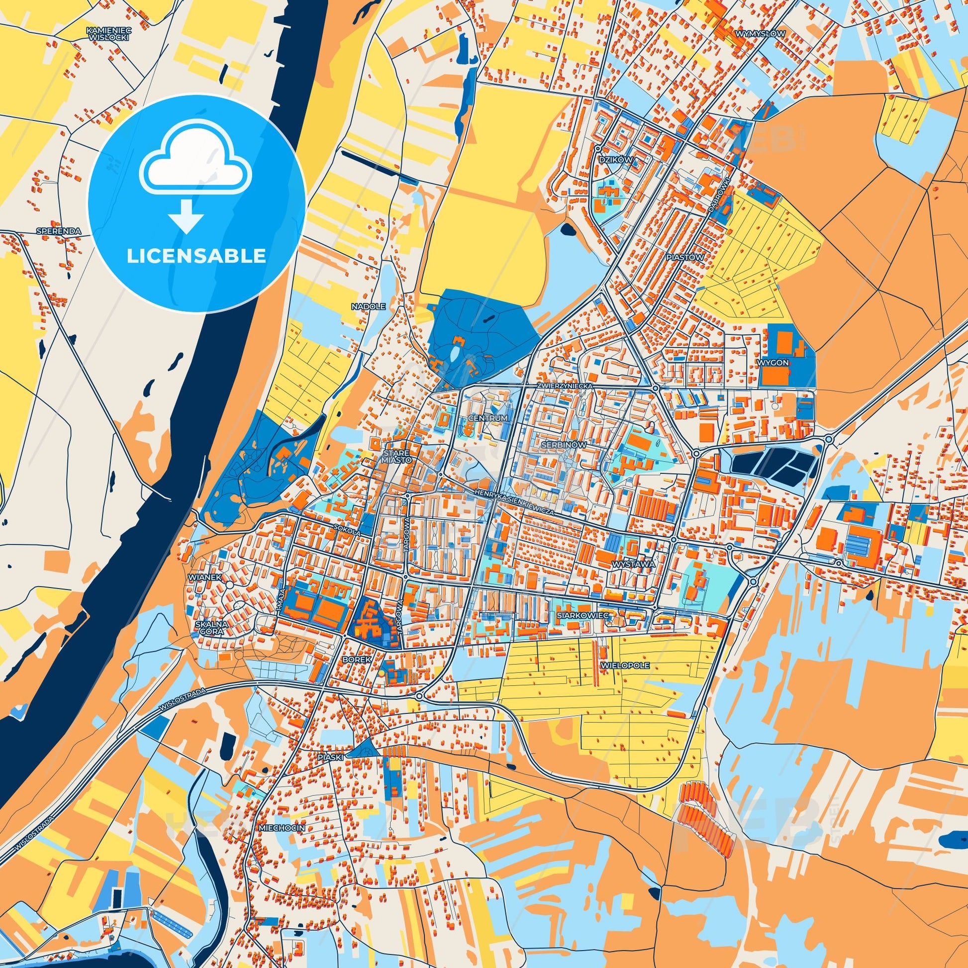 Colorful Tarnobrzeg Street Map with Labels and Buildings