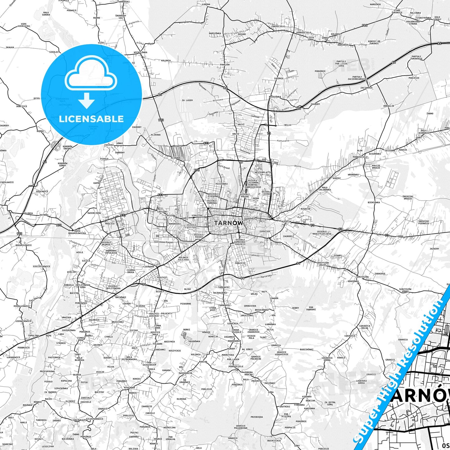 Tarnów, Poland light map with streetnames, citynames and districts