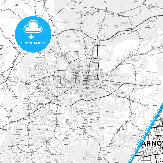 Tarnów, Poland light map with streetnames, citynames and districts