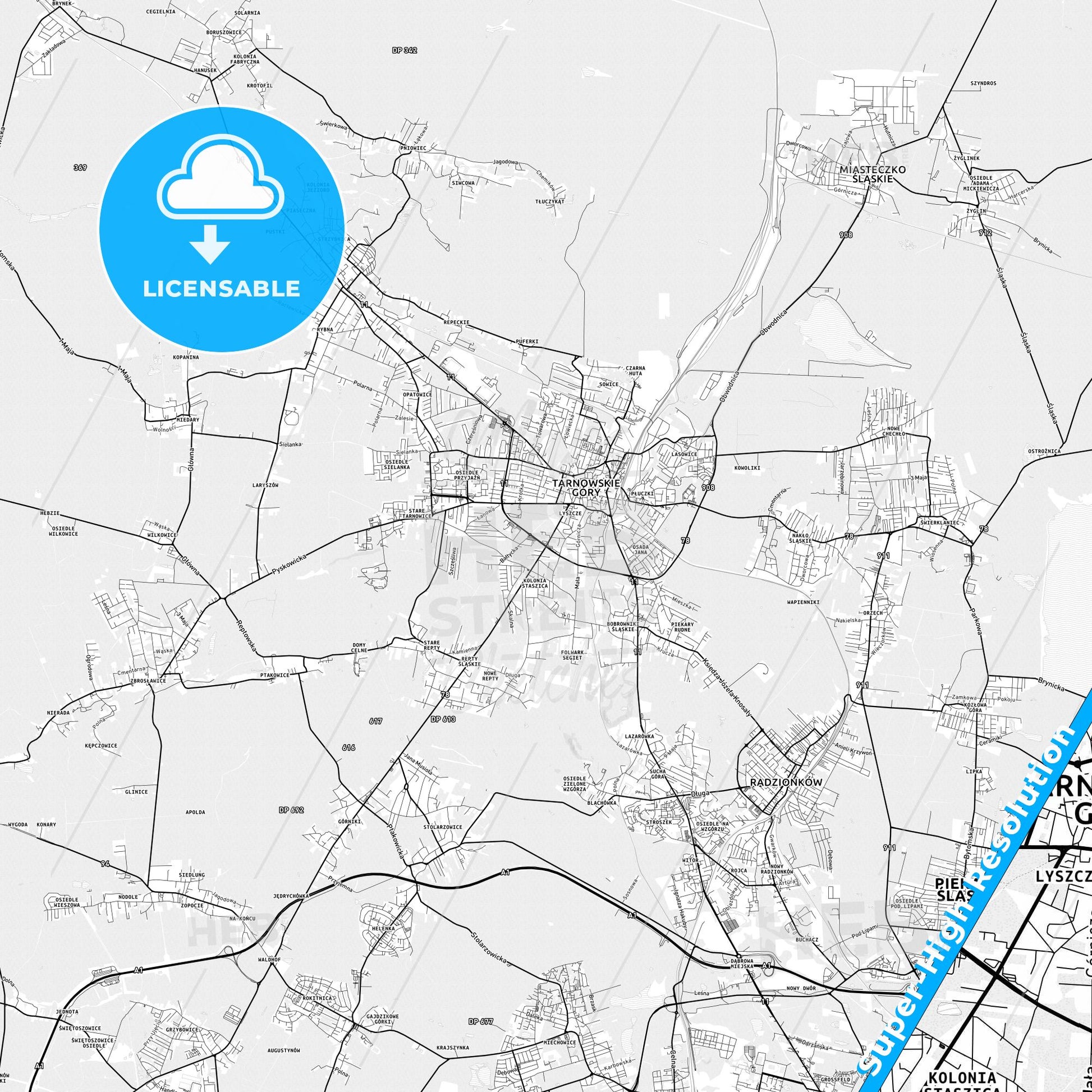 Tarnowskie Góry, Poland light map with streetnames, citynames and districts