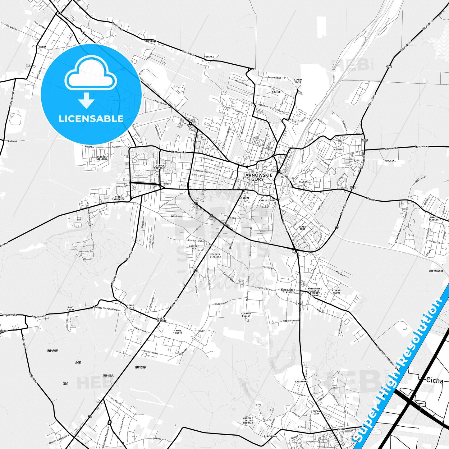 Tarnowskie Góry, Poland Light Map with Street Names, City Names, and Districts