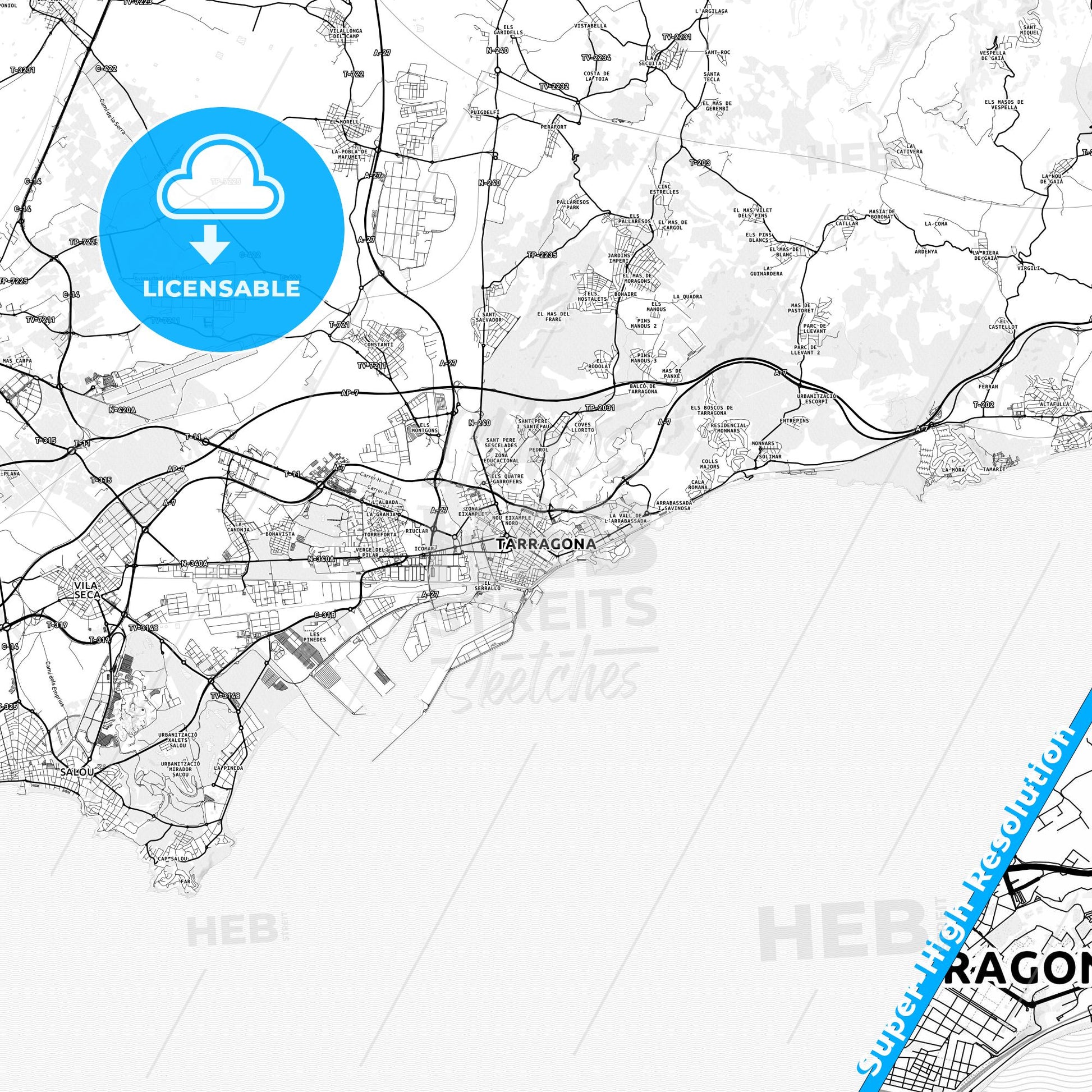 Tarragona, Spain light map with streetnames, citynames and districts