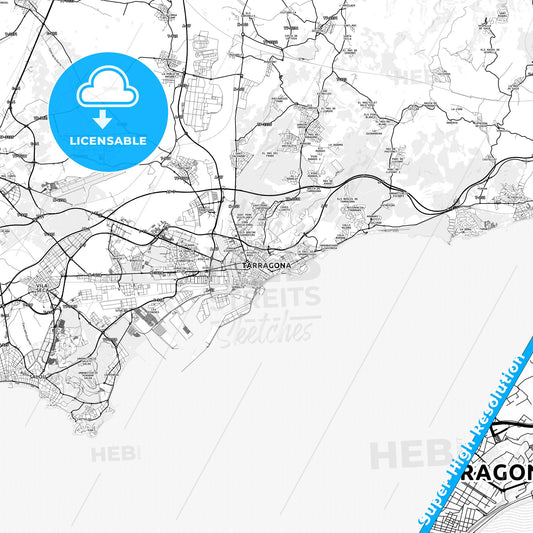 Tarragona, Spain light map with streetnames, citynames and districts