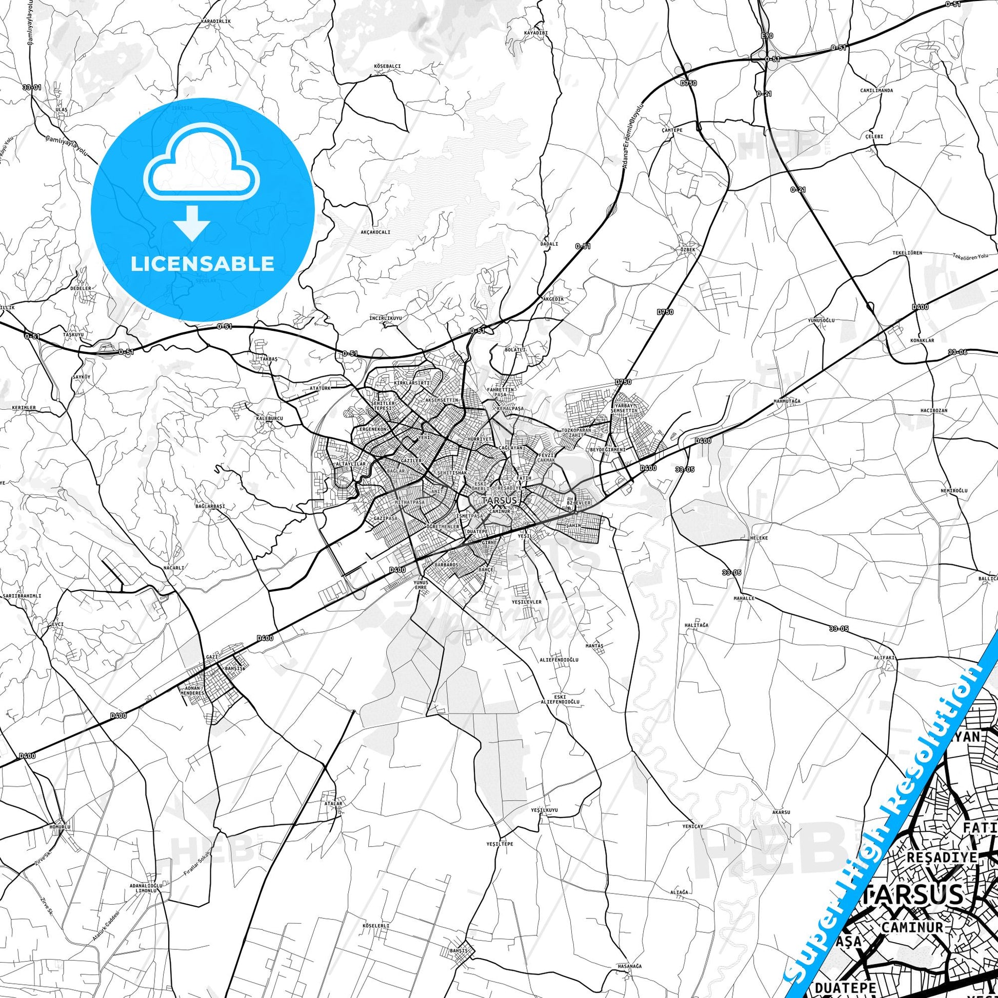 Tarsus, Turkey light map with streetnames, citynames and districts