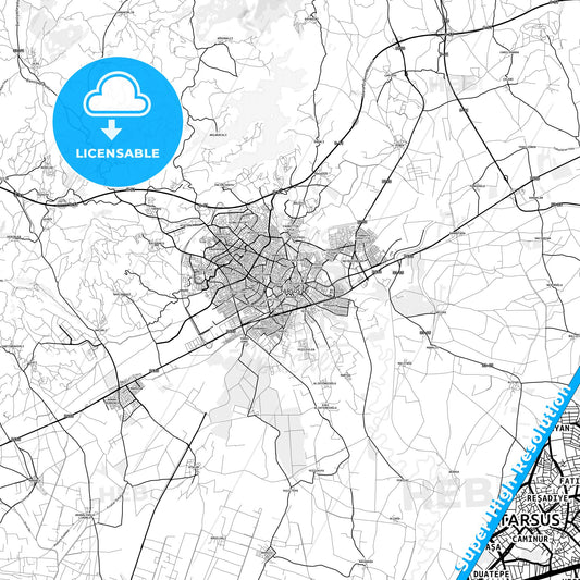 Tarsus, Turkey light map with streetnames, citynames and districts