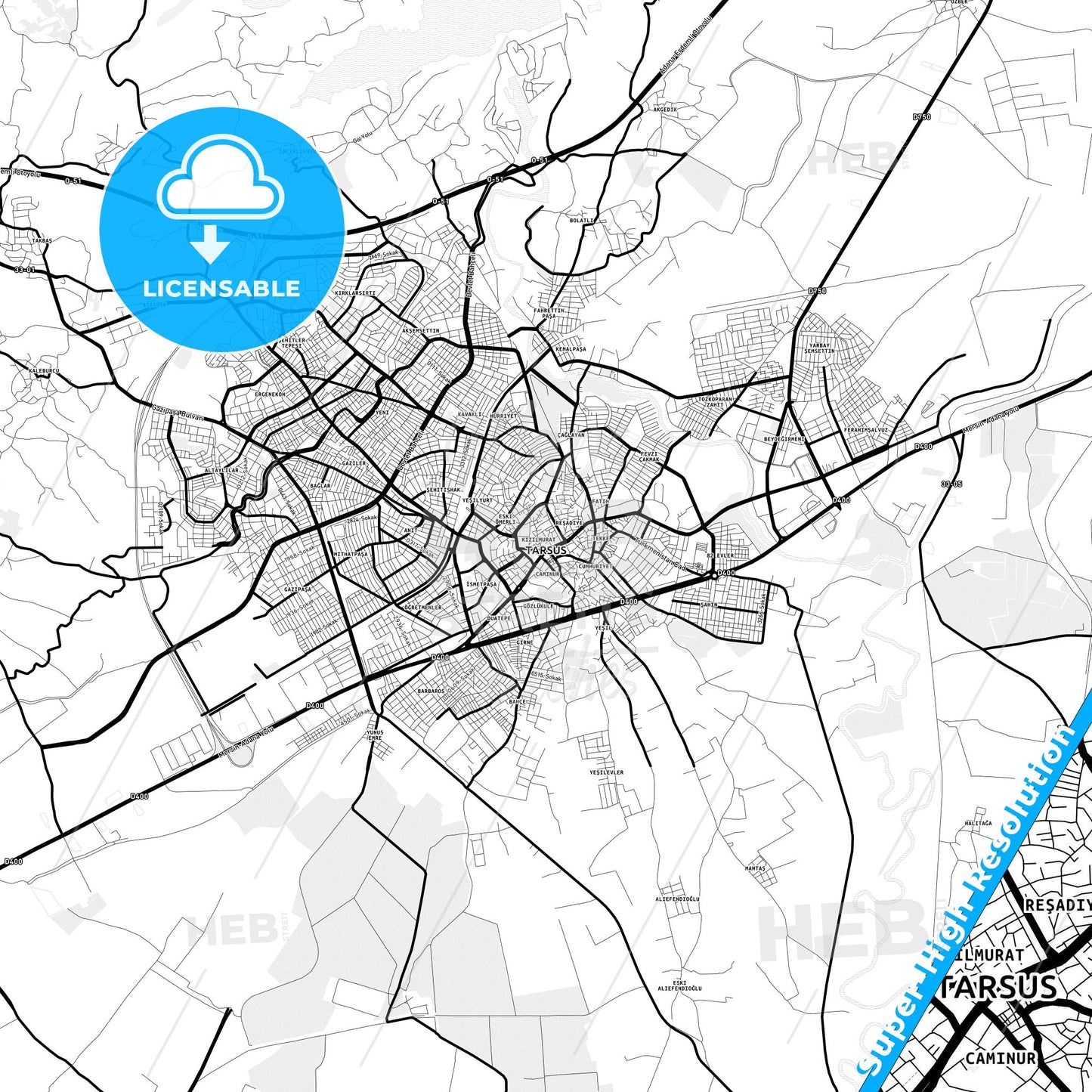 Tarsus, Turkey Light Map with Street Names, City Names, and Districts
