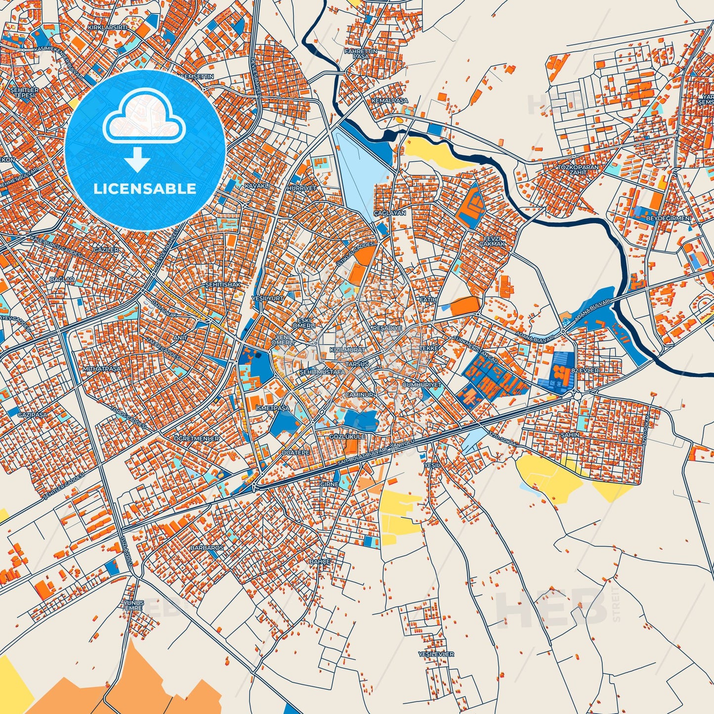 Colorful Tarsus Street Map with Labels and Buildings