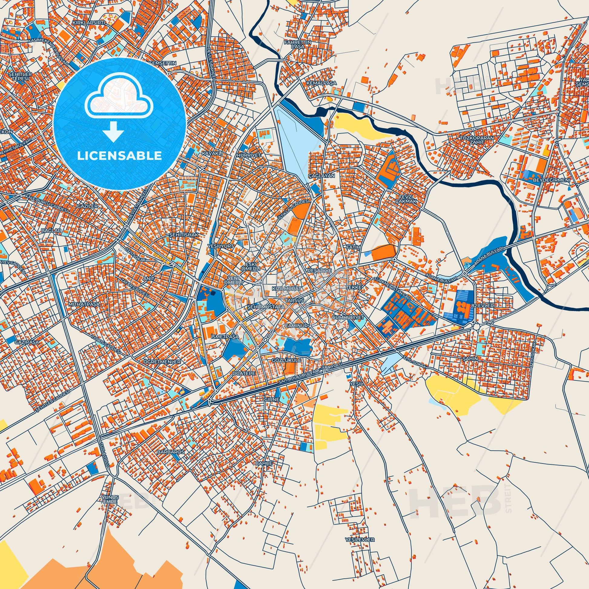 Colorful Tarsus Street Map with Labels and Buildings