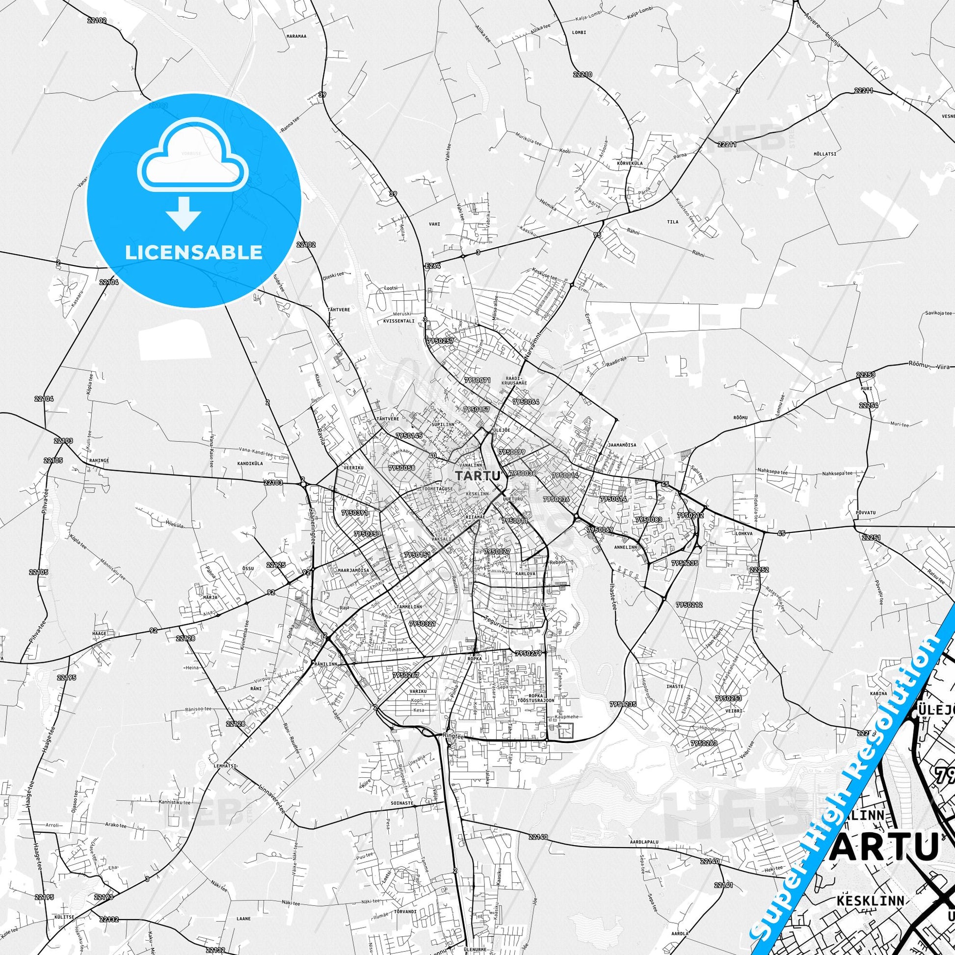 Tartu, Estonia light map with streetnames, citynames and districts