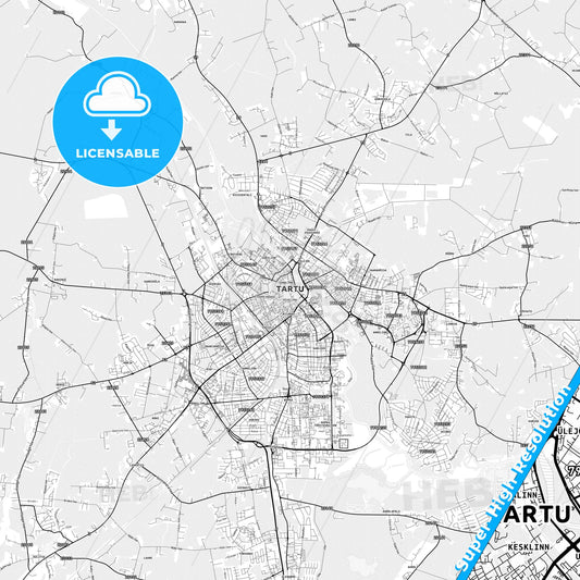Tartu, Estonia light map with streetnames, citynames and districts