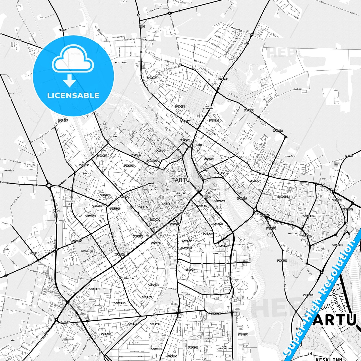 Tartu, Estonia Light Map with Street Names, City Names, and Districts