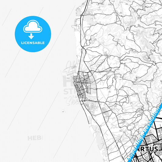 Tartus, Syria light map with streetnames, citynames and districts