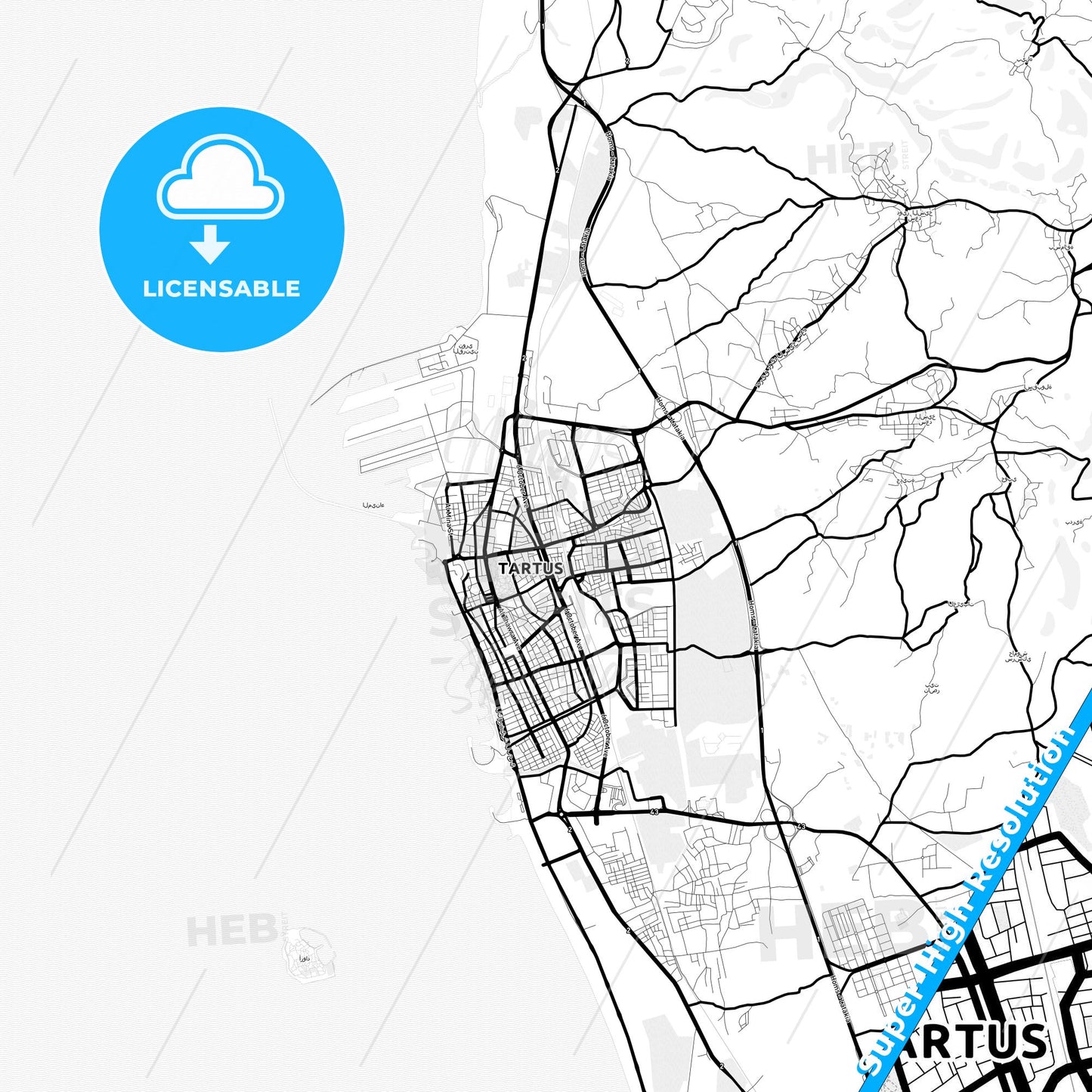Tartus, Syria Light Map with Street Names, City Names, and Districts