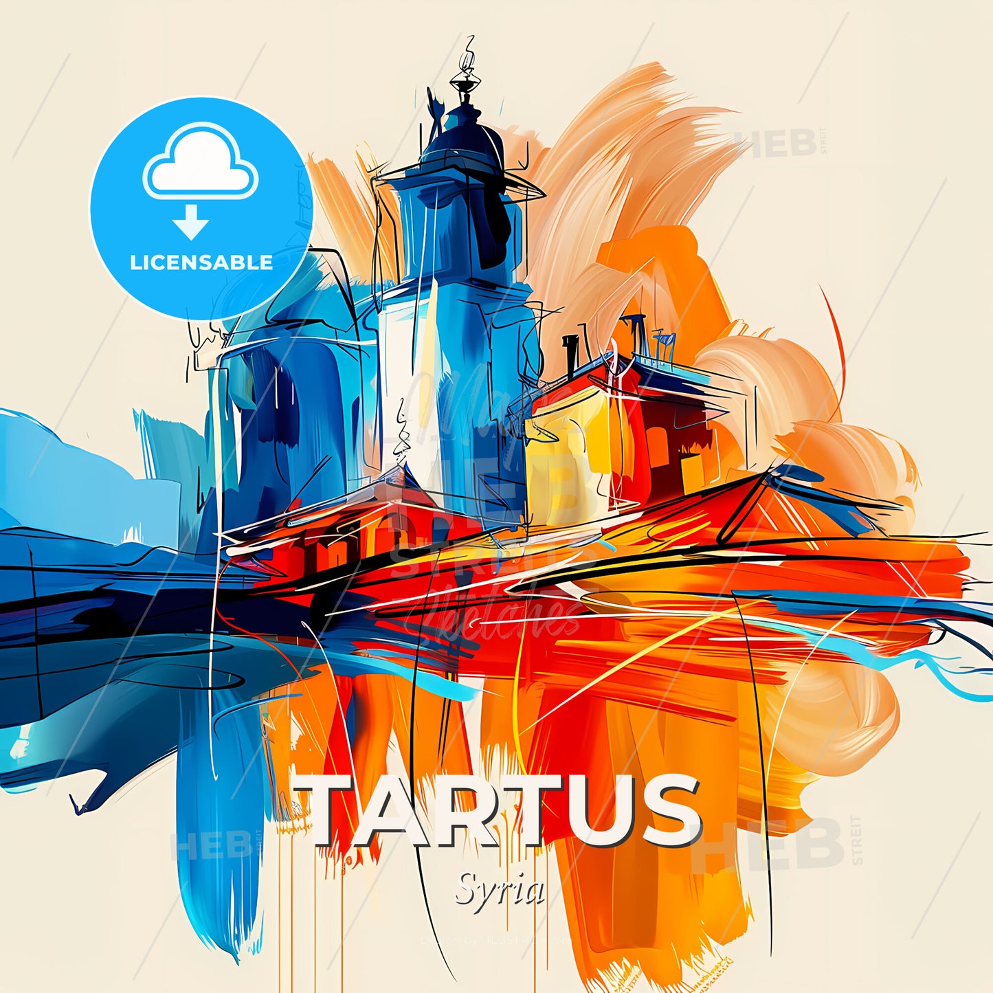 Vibrant Tartus, Syria - A Painting Of Buildings And Towers - Square format print template