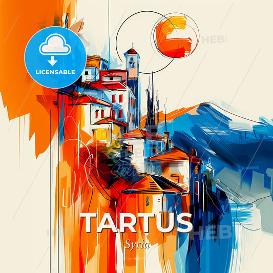 Vibrant Tartus, Syria - A Painting Of Buildings And Mountains - Square format print template