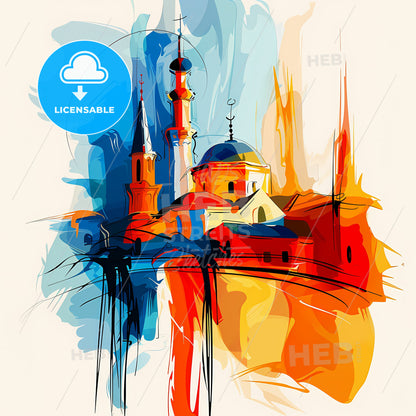 Vibrant Tartus, Syria - A Painting Of A Building With A Spire