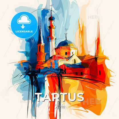 Vibrant Tartus, Syria - A Painting Of A Building With A Spire - Square format print template