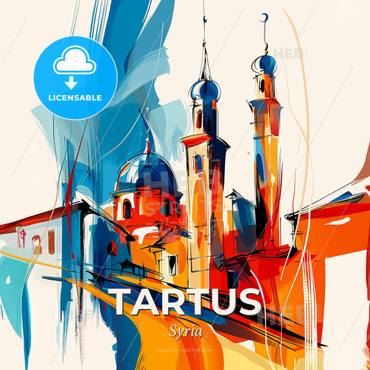 Vibrant Tartus, Syria - A Painting Of A Building With Towers And A Steeple - Square format print template