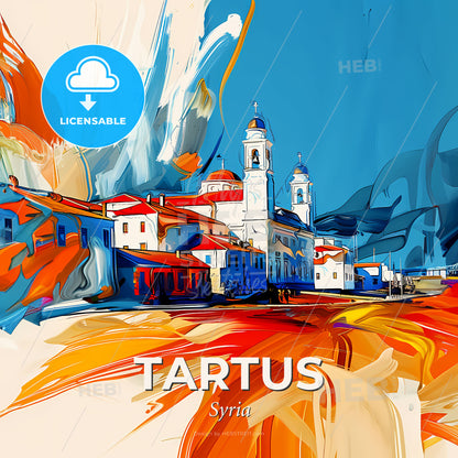 Vibrant Tartus, Syria - A Painting Of A Building With A Tower - Square format print template